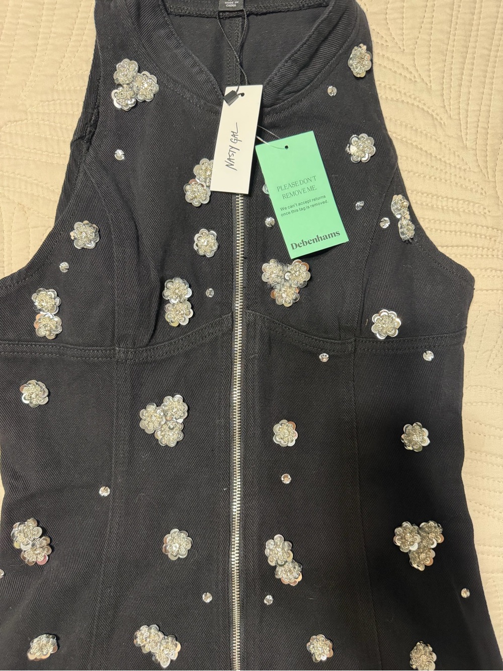 Nasty Gal Black Embellished Zip-Front Mini Denim Dress NWT - Picture 7 of 8